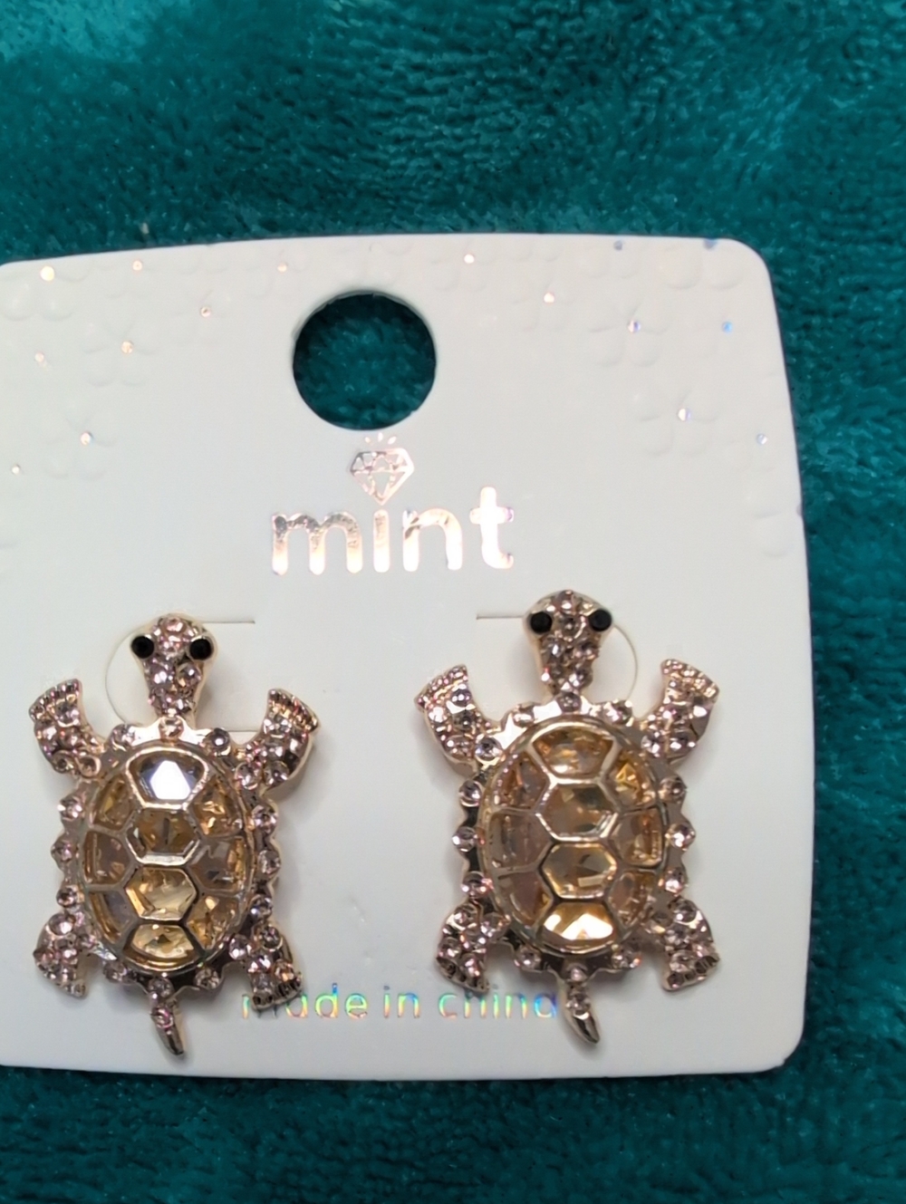 Mint Gold-Tone Turtle Crystal Pierced Stud Earrings